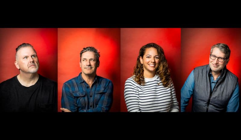 Scott Aukerman, Jon Hamm, Sona Movsesian, and Mike Schmidt at #NNF20